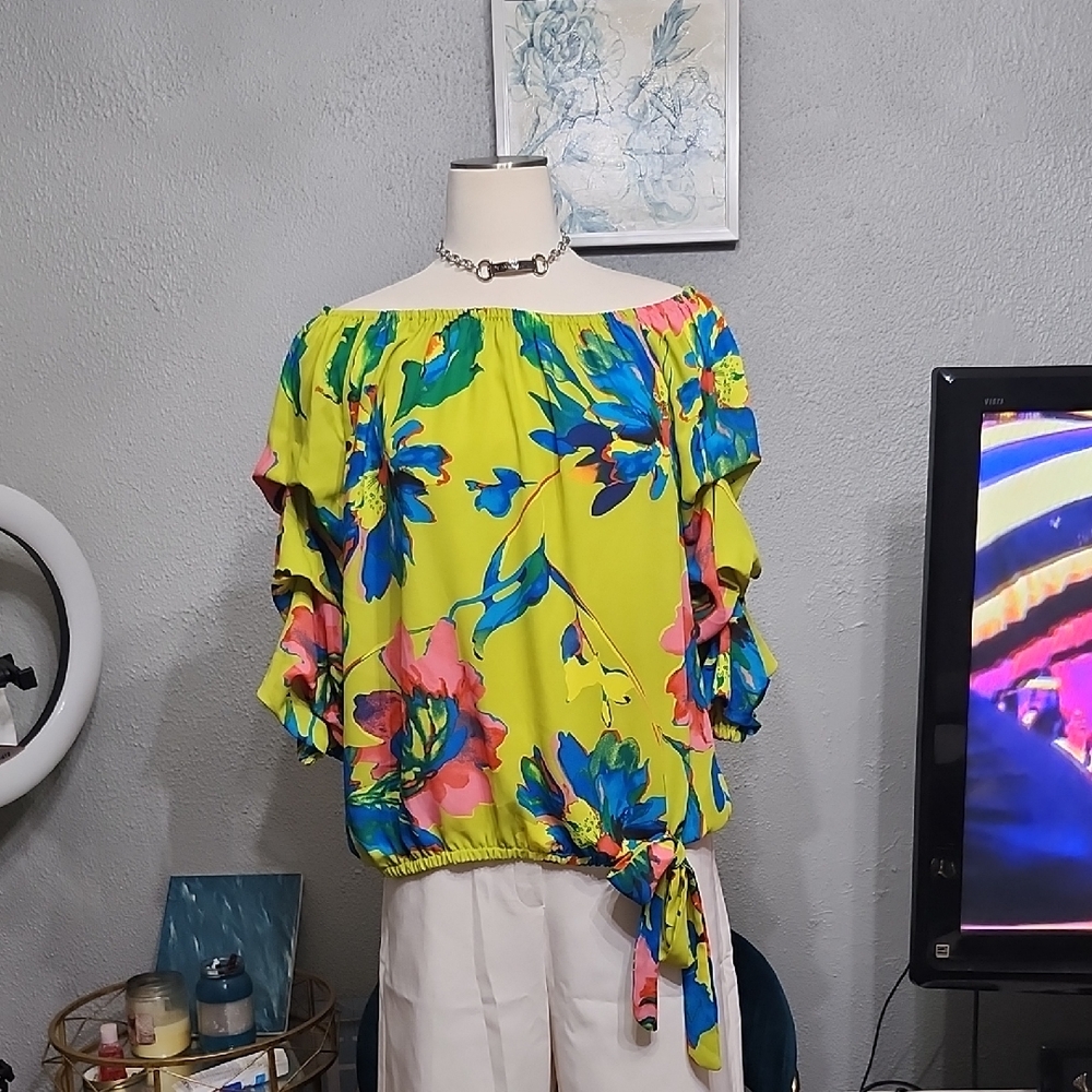 CeCe Vibrant Floral Off-Shoulder Blouse Chartruse, Blue, Pink, Yellow, Green XL